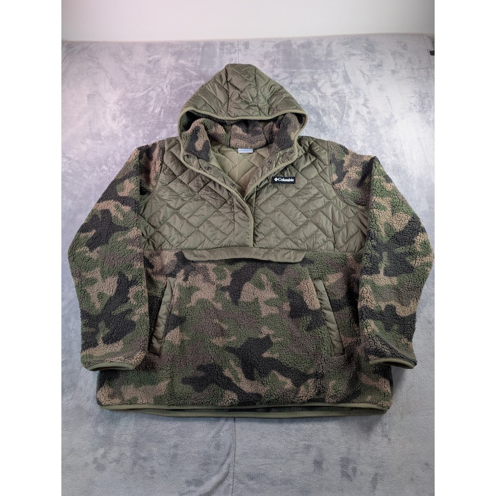 Columbia Womens XXL Camo Sherpa Quilted Pullover Hoodie Jacket AL4904 Green